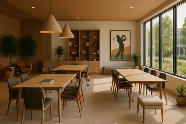 Modern coworking space with comfortable seating and workstations